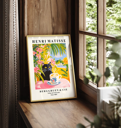 Framed black cat coffee tropical foliage art print in Matisse style
