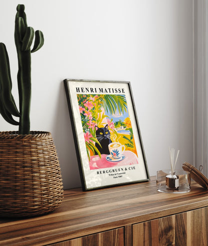Framed Matisse inspired black cat coffee scene with tropical flowers colorful art print