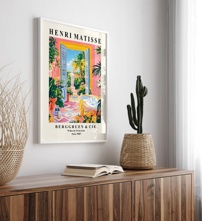 Bathroom wall art framed print with tropical plants, bathtub, and statue