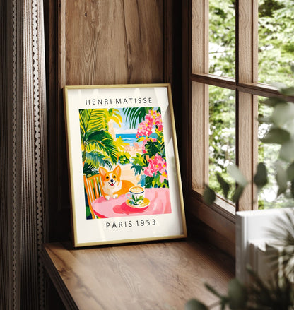 Corgi coffee seaside tropical foliage framed art print in Matisse style