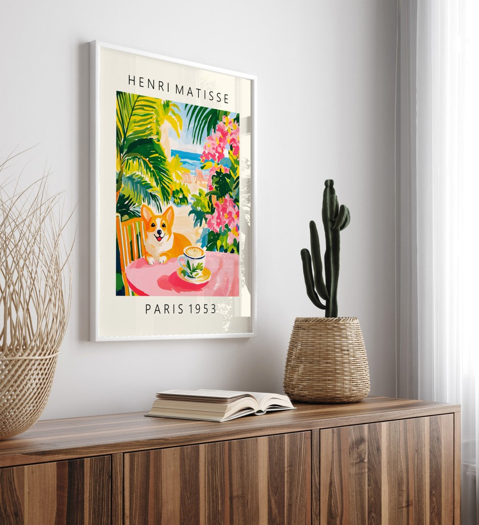 Framed corgi with floral coffee cup surrounded by vibrant tropical plants art print