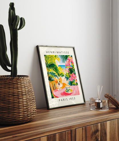 Framed Matisse inspired corgi coffee scene with tropical flowers colorful art print