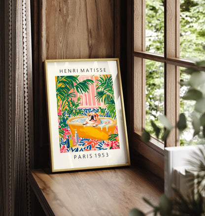 Framed art print featuring Bulldog lounging in bathtub with tropical plants
