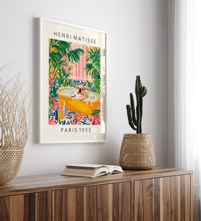 Bulldog soaking in bathtub surrounded by flowers and leaves framed bathroom art print