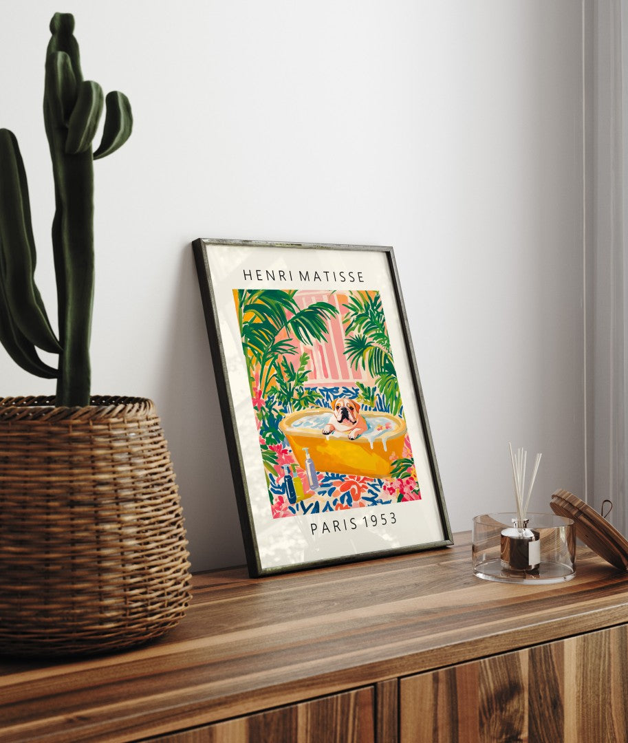 Framed bathroom art print showing Bulldog in bathtub with colorful tropical design