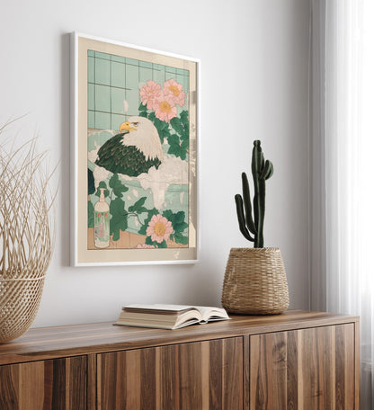 High-quality framed bald eagle bathroom print with elegant Japanese details