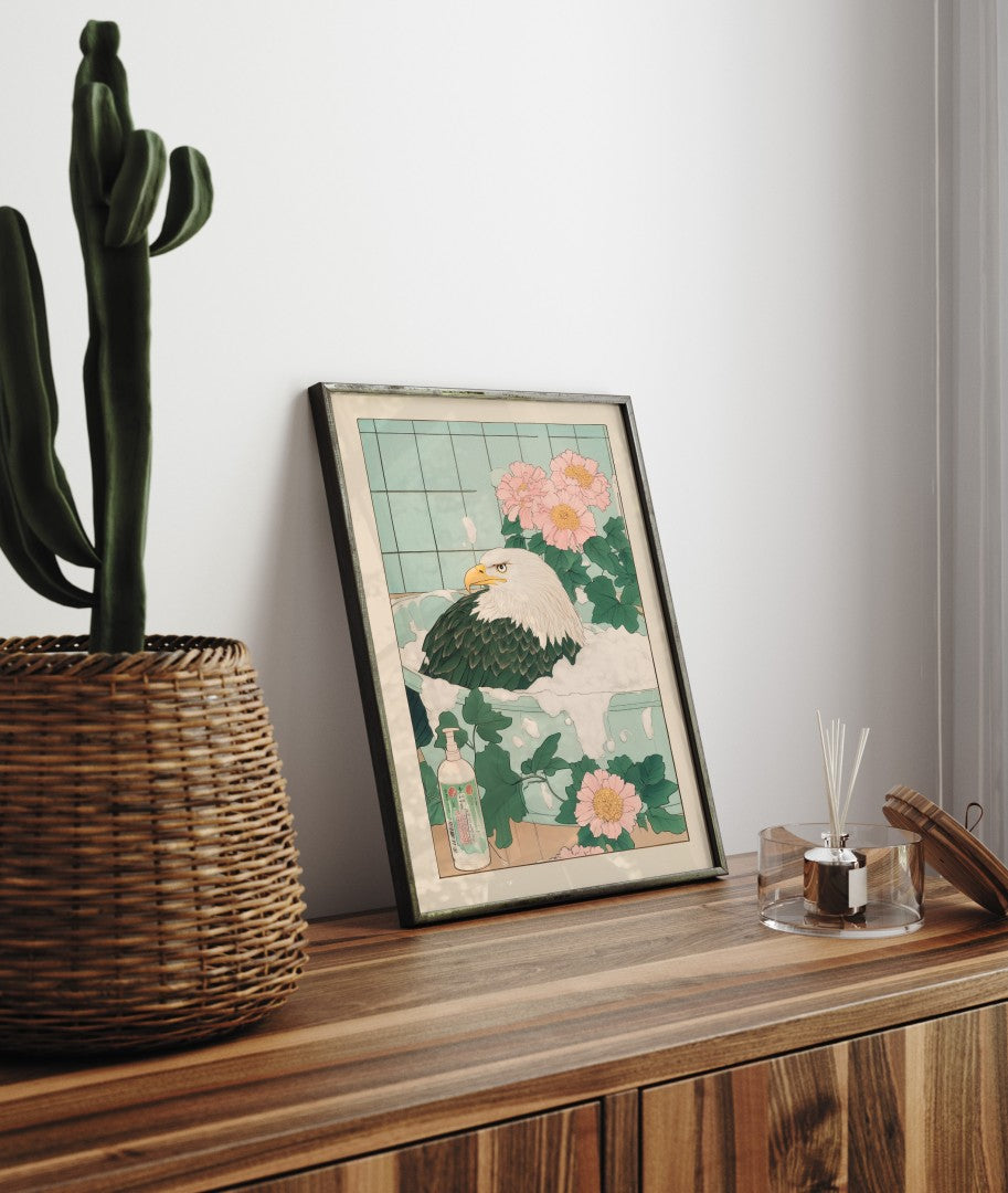 Framed bathroom decor featuring a majestic bald eagle in a serene bath environment