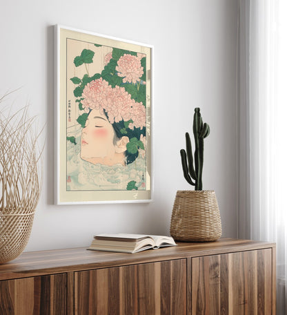 High-quality framed woman bathroom wall art with peaceful floral accents