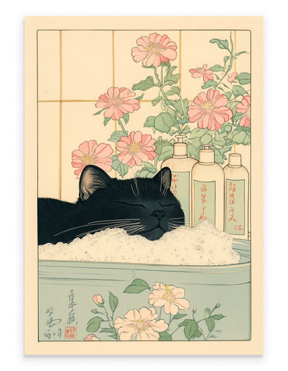 Relaxing Japanese Black Cat in Bathtub