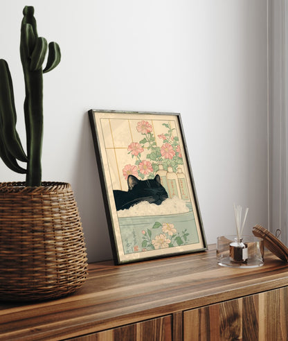 Relaxing Japanese Black Cat in Bathtub