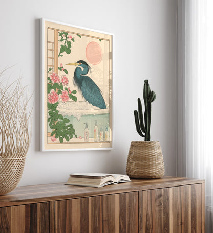High-quality framed blue heron bathroom print with soft botanical accents