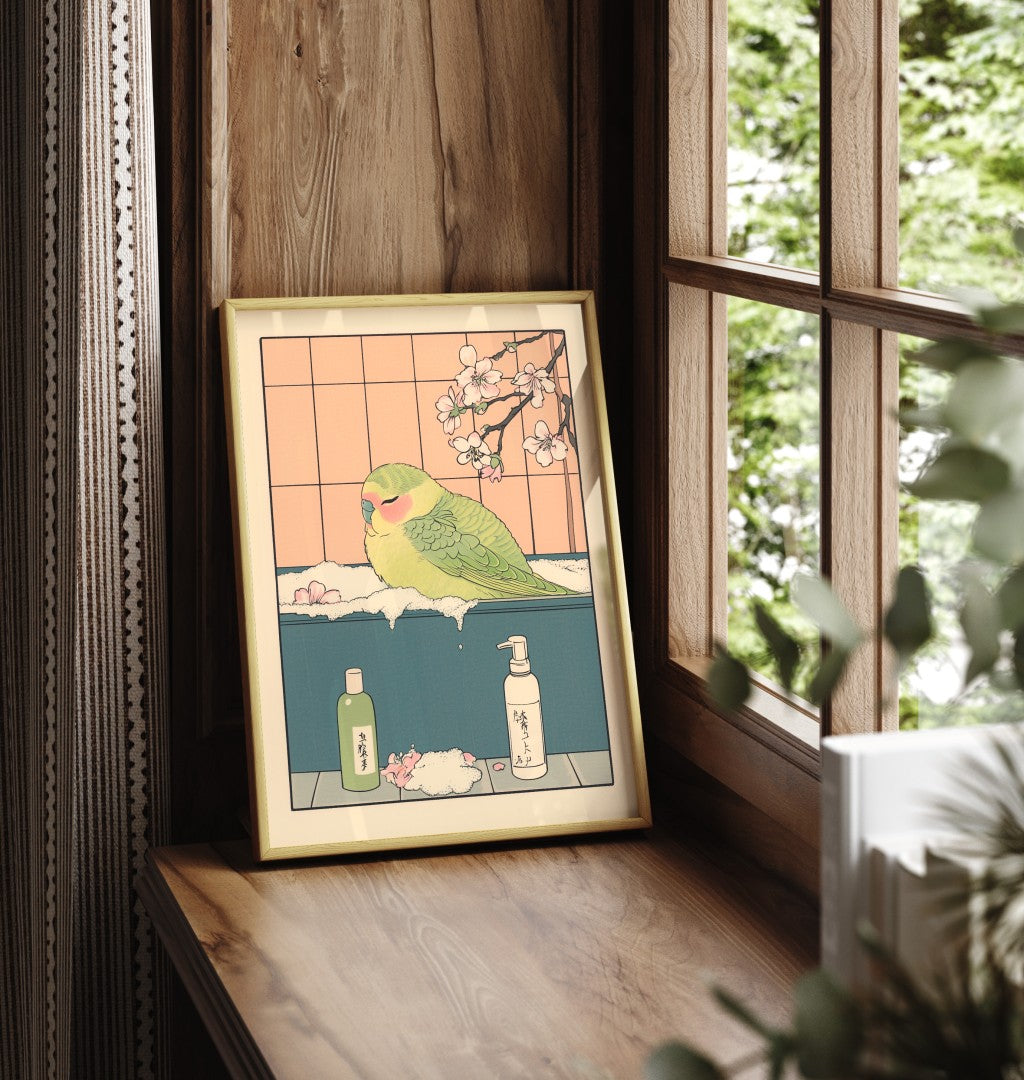 Framed bathroom wall art with a lovebird in a tranquil Japanese-style bath