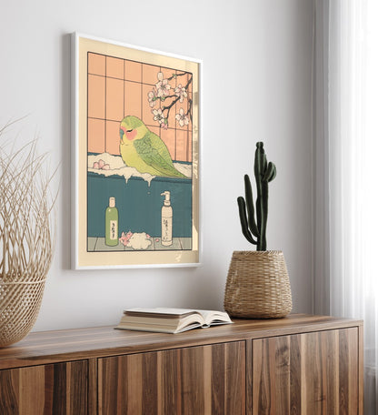 High-quality framed lovebird bathroom print with soft florals and botanical accents