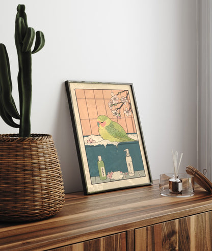 Framed bathroom decor featuring a colorful lovebird in a peaceful floral soak