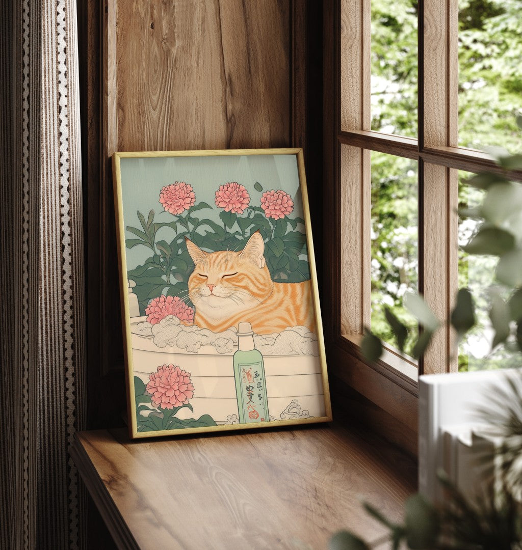 Japanese ginger tabby cat bathroom print