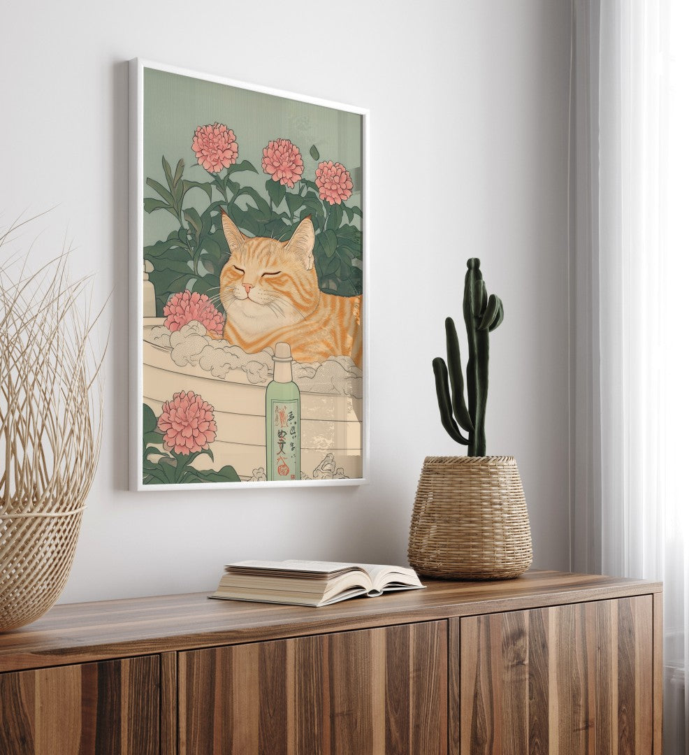 Japanese cat in bathtub - Bathroom wall art