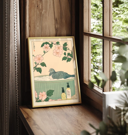 Framed pigeon bathroom print with pastel florals and natural greenery