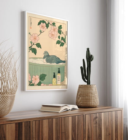 High-quality framed bathroom wall art featuring a pigeon in a flower bath