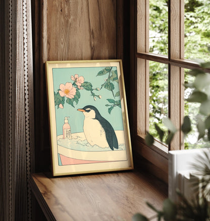 Framed penguin bathroom wall art with soft blossoms and a cozy bath setting