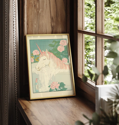 Framed art print of unicorn in a floral bath scene