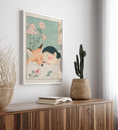 Girl and Fox - Japanese Bathroom Print