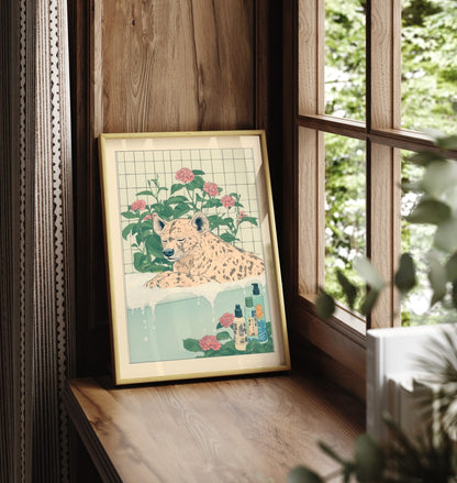 Framed Japanese-style illustration of a calm hyena in a tiled bathhouse scene