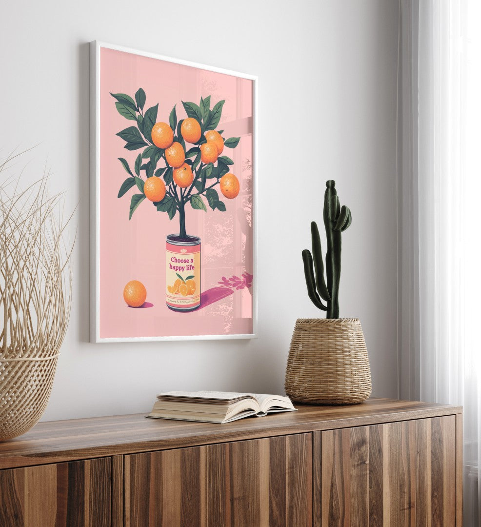 Modern citrus themed framed art print of orange tree with pink background