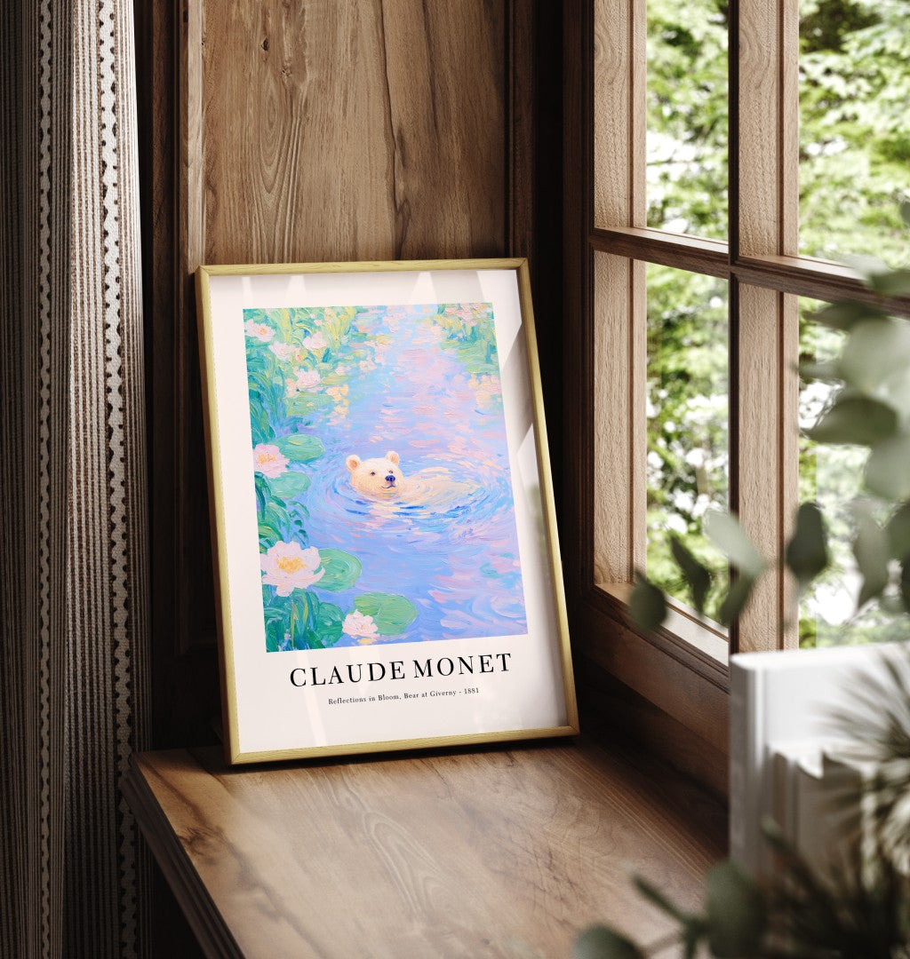 Bear swimming among water lilies in pastel pond, impressionist art print