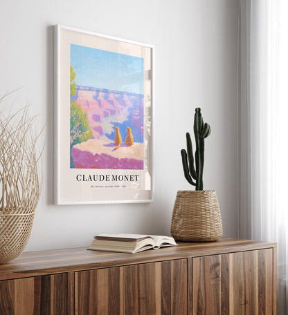 Whimsical cats framed art print sitting at Grand Canyon in impressionist pastel hues