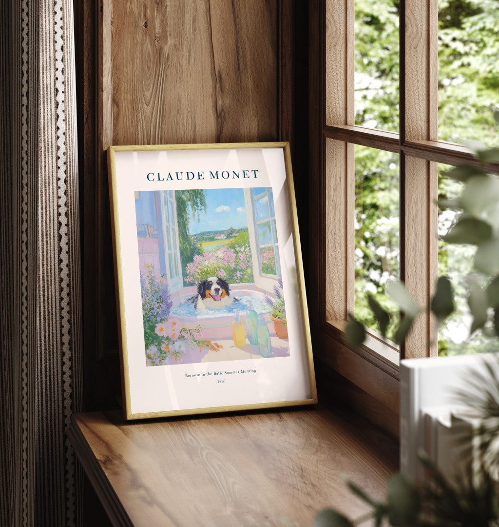 Framed Bernese Mountain Dog bathroom wall art print inspired by Monet with floral bath scene