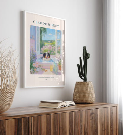Impressionist Bernese Mountain Dog framed bathroom art print in Monet inspired style