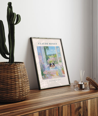 Bernese Mountain Dog in bathtub framed bathroom print in Monet inspired impressionist style