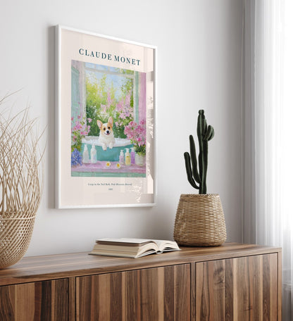 Monet-inspired Corgi soaking in teal bath with floral garden view, framed bathroom art print