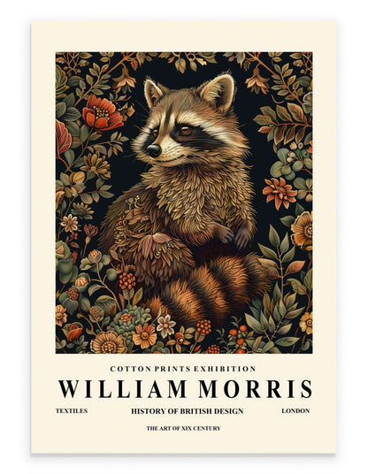 Raccoon art print with decorative botanical background in William Morris inspired style