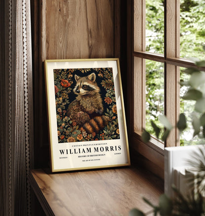 Framed raccoon art print inspired by William Morris with floral design