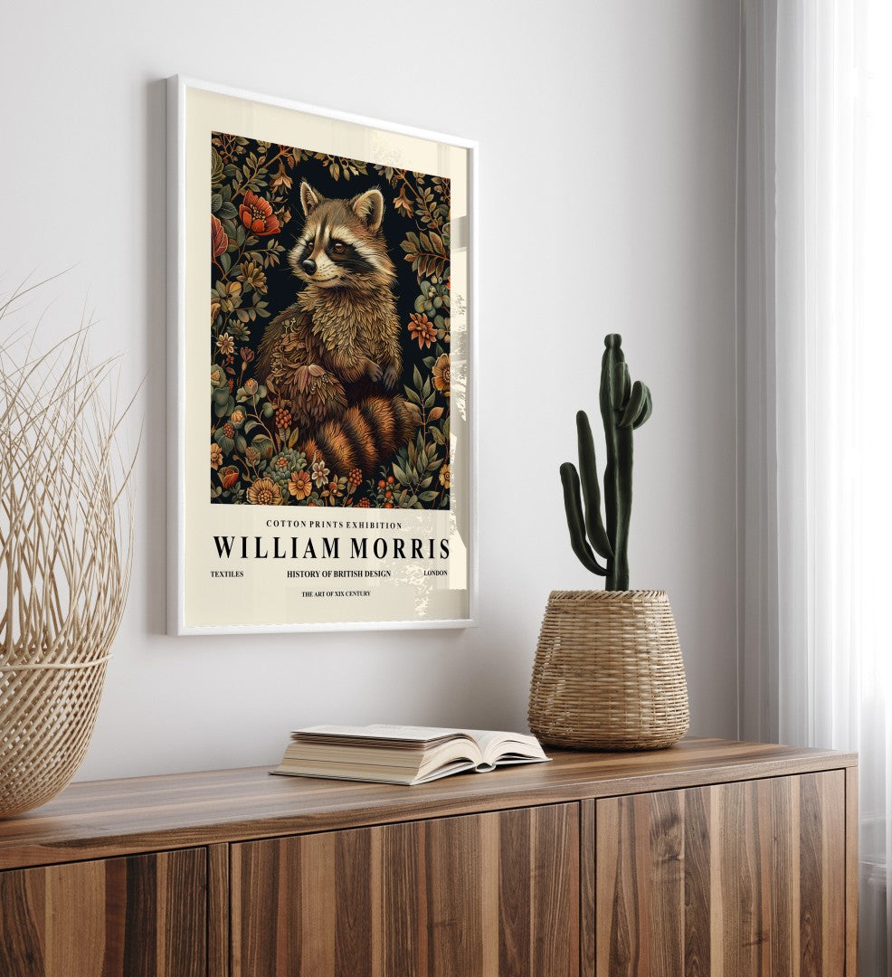 Woodland raccoon framed art print in William Morris style for wall decor