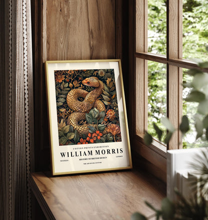 Framed snake art print in William Morris style with ornate floral design