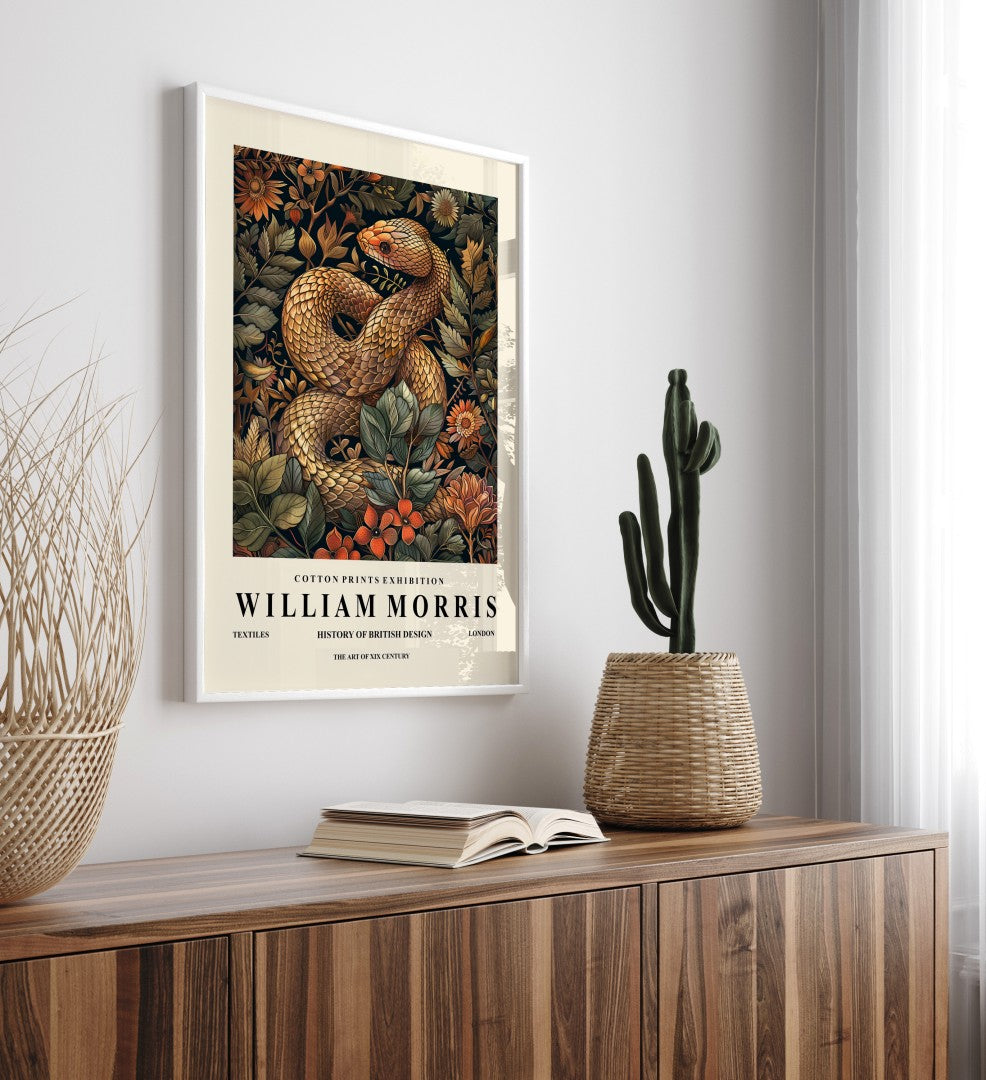 Detailed snake framed art print inspired by William Morris for wall decor