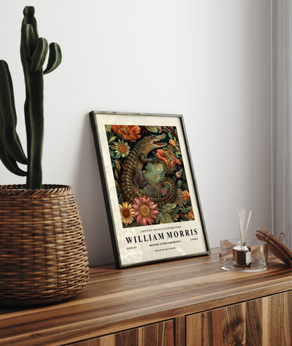 Detailed crocodile with decorative botanical background framed art print in William Morris style