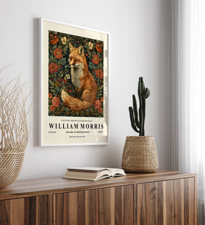 Woodland fox framed art print in William Morris style for wall decor