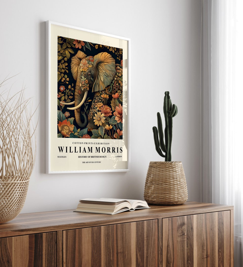 Majestic elephant framed art print in William Morris style for wall decor