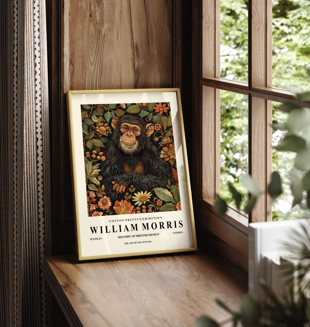 Framed chimpanzee art print inspired by William Morris with decorative floral design